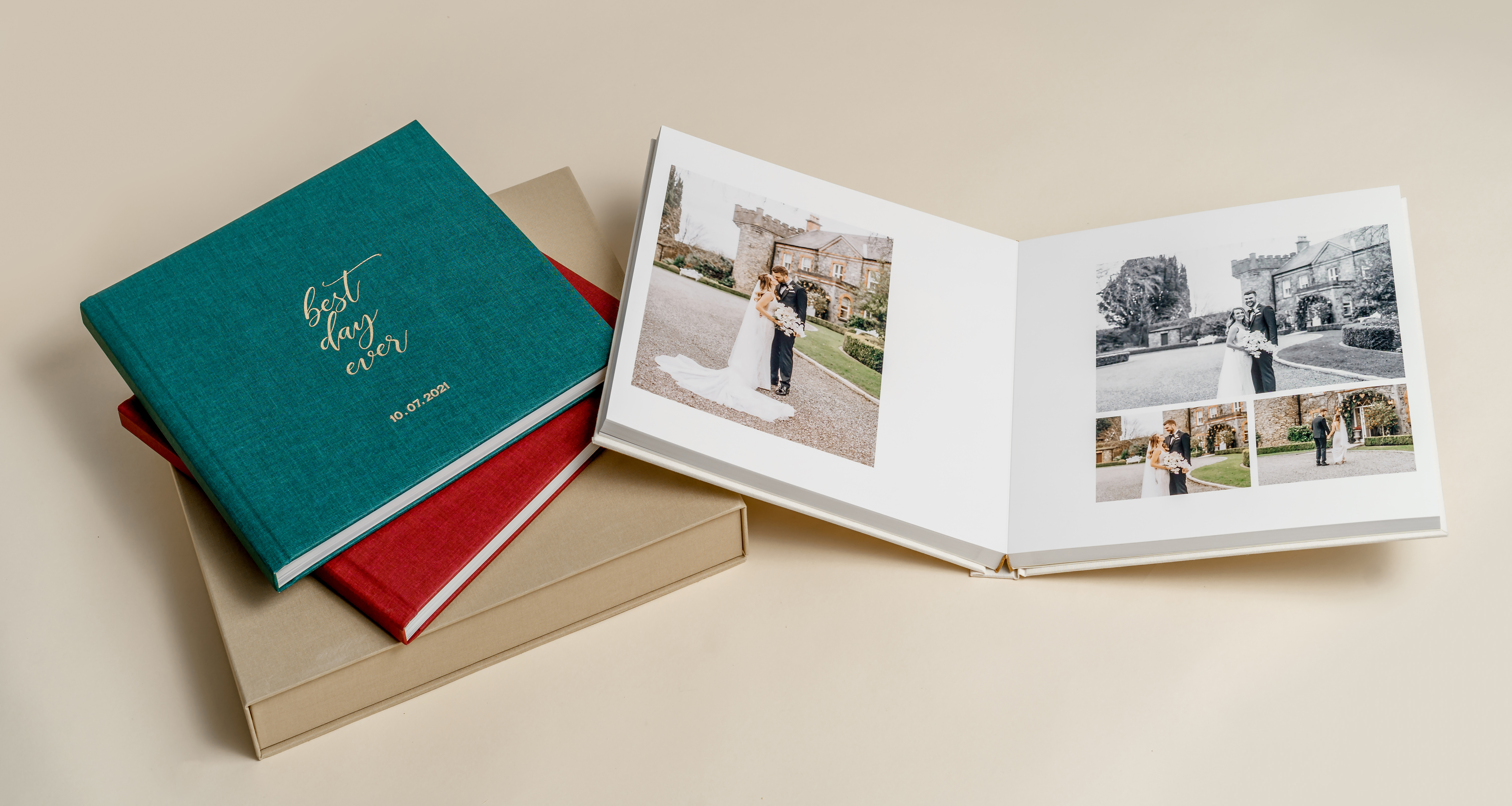 Wedding album examples on table